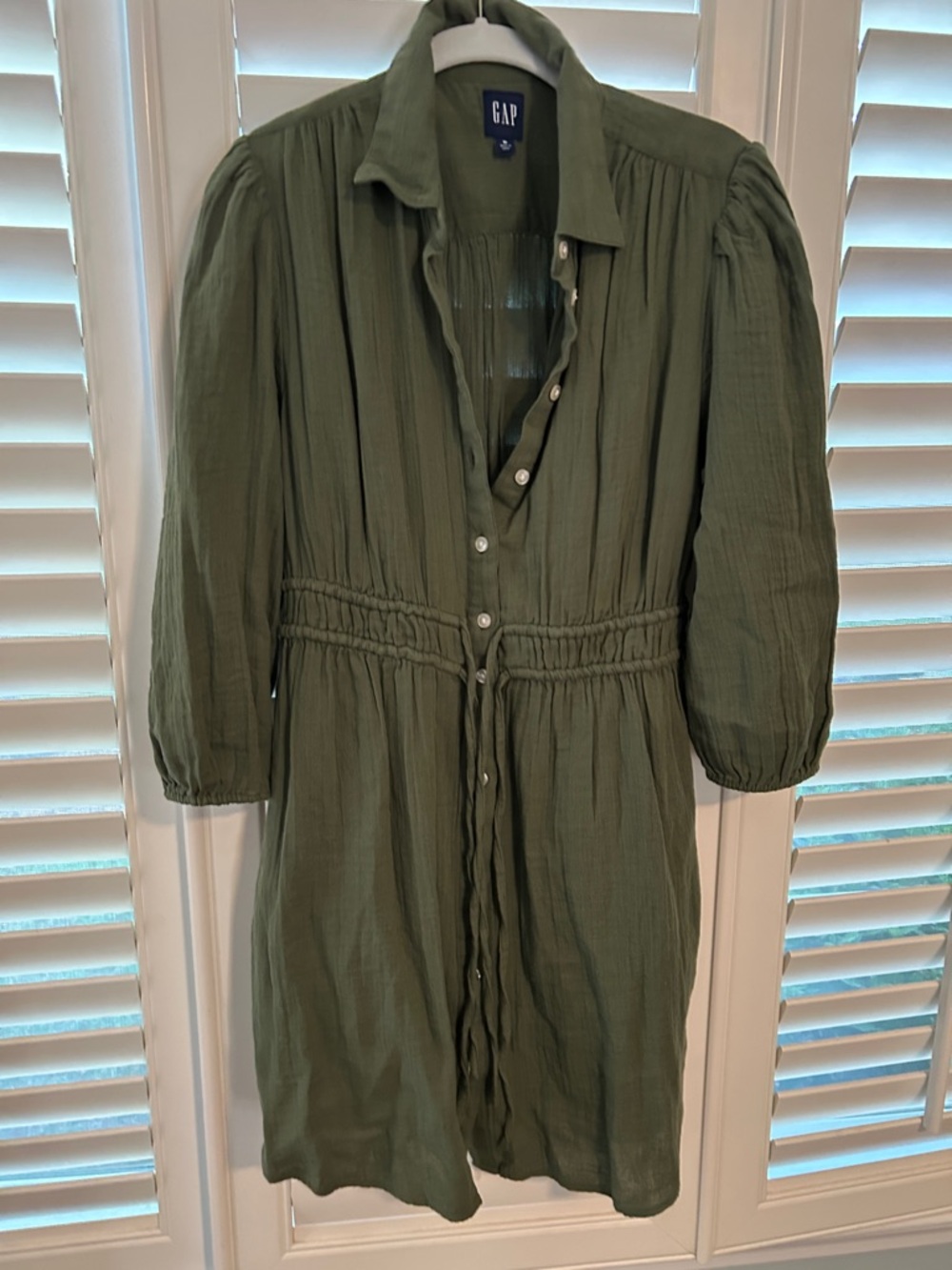 GAP Olive Green Button-Front Midi Dress with Drawstring Waist